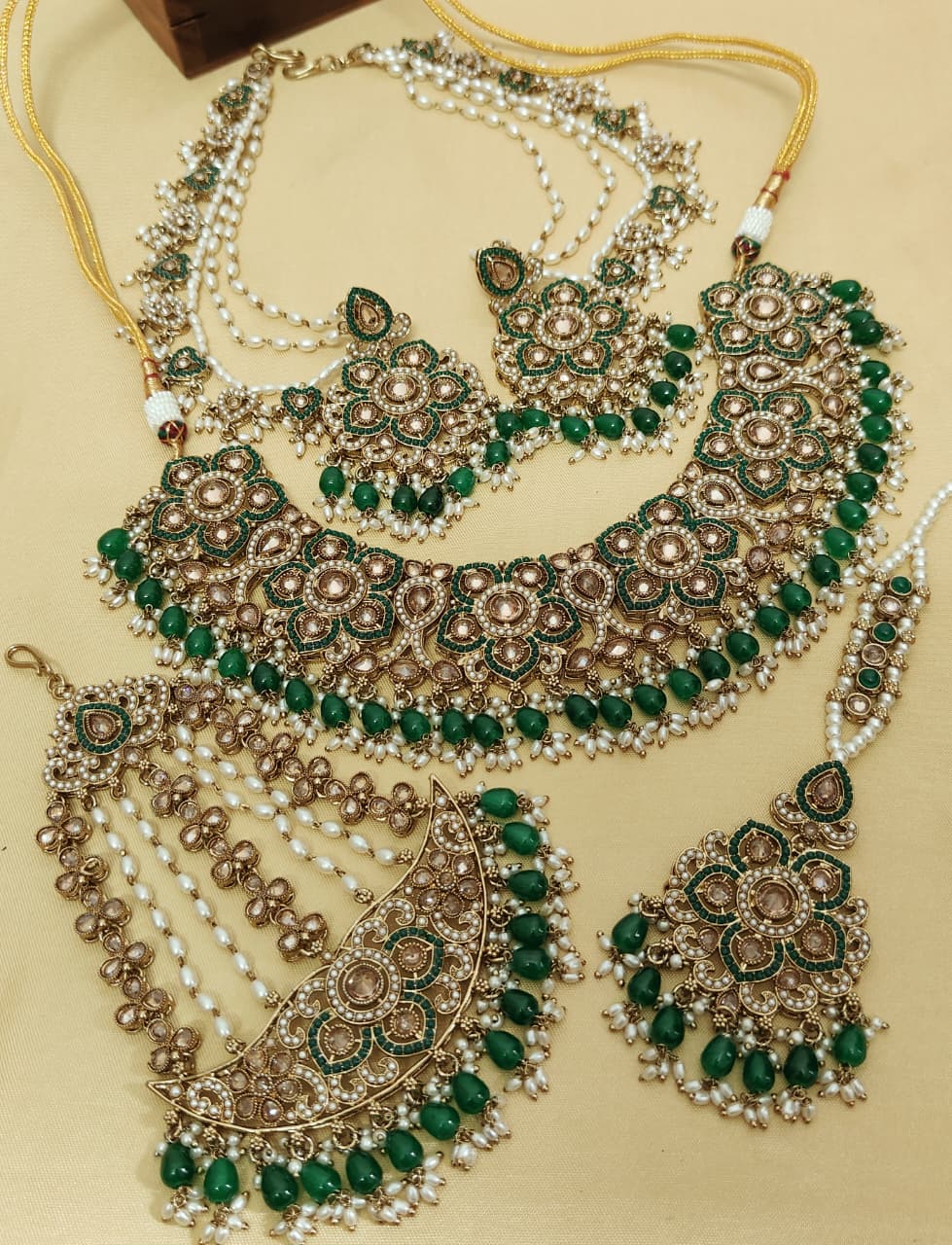 Beautiful Premium Quality Reverse Ad Stone Work Pakistani Necklace With Bahubali Earrings And Tika w